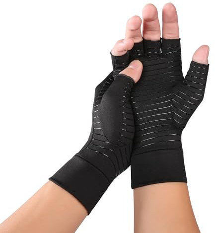 NyxSeat 1 par svarta halvfingerhandskar av kopparfiber, fingerlösa handskar, halvdaktylit-ledhandskar, artrit kompressionshandskar, lindring