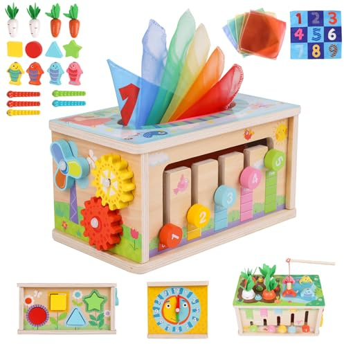 Ancaixin 6-in-1 Montessori Tissue Box Toy for 6+ Months Baby, Wooden Activity Cube, Puzzles 12-18 Months, Perfect 1 Year Old Girl Boy Gifts, Sensory Toys for Toddlers 1-3, Baby 1st Birthday Gift