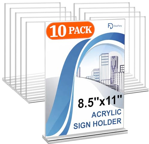 Daofary Acrylic Sign Holder 8.5 x 11 Inches 10 Pack, Double-Sided Stand up Table Top Paper Holder, Store Sign Holders, Plastic Sign Display for Restaurants, Hotels, Office