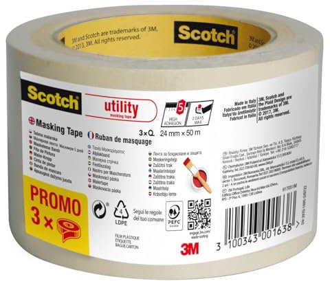 Scotch Utility Malerabdeckband - 3 Rollen, 24 mm x 50 m - Hochwertiges Universal-Abklebeband für Malerarbeiten und Dekoration
