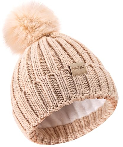Children's Winter Warm Pompom Hat Fleece Lined Knit Beanie for Kids Aged 3-9, Perfect for Boys and Girls Beige
