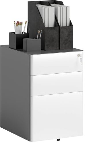 Vinsetto Rollcontainer mit 3 Schubladen mobiler Aktenschrank mit Rollen abschließbar Büroschrank mit Hängeregistratur Stiftfach, Bürocontainer für Büro, Homeoffice, 39 x 48 x 59 cm Weiß+Grau