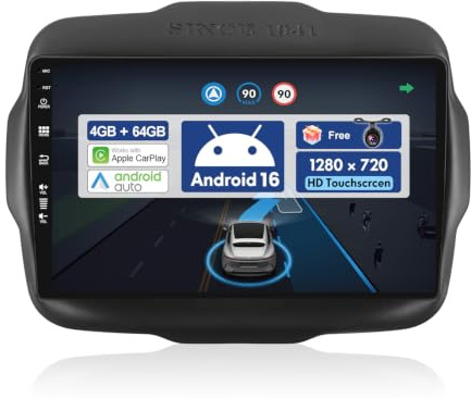 BXLIYER Android 14 IPS bilradio för Jeep Renegade (2015–2018) GPS Radio Navigation - 2G+32G - Trådlös CarPlay Android Auto - DAB Ratt Dual-Band WiFi DSP AHD Bluetooth - 9 tum 2 Din - Kamera