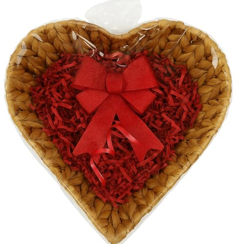 Geschenkkorb Herzform aus Wasserhyazinthe – naturfarben – mit rotem Papierfüllmaterial & Geschenkfolie – ideal für Weihnachten, Valentinstag, Hochzeit oder Präsentkörbe