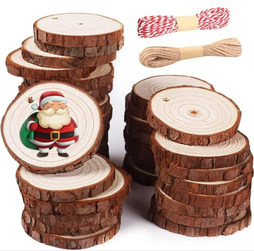 pangutheos 30 Piezas Rodajas de Madera, Discos de Madera Rebanada, Incluye Discos Naturales con Agujero y Cuerda para Decoración, Pirograbado, Pintura, Arte de Bricolaje, Navidad, Bodas