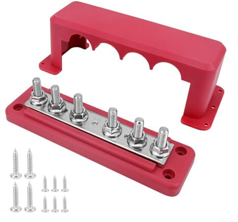 Barra collettrice 300A con connessione M8 a 6 poli per camper, auto, yacht che supporta 12 sistemi di alimentazione 48V, distribuzione affidabile e protezione contro gli elementi (Rosso)
