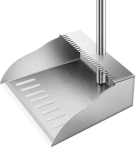 Dust Pans with Long Handle,Heavy Duty Metal Dust Pan with Handle,Upright Stand Up Dustpan with Dust Pan Teeth to Clean Hair for Home Kitchen Office Lobby Floor Garden