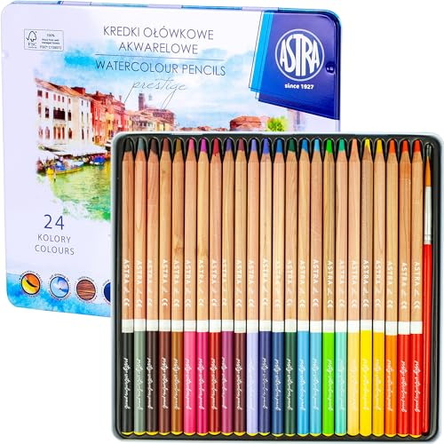 Astra Prestige Lot de 24 crayons aquarelle et pinceau avec étui en métal pour artistes enfants et adultes, certifié FSC