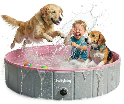Furrybaby Dog Pool, Kiddie Pool Hard Plastic Foldable Dog Pools for Large Dogs Portable Pet Doggie Wading Swimming (Pink 47'') Indoor and Outdoor