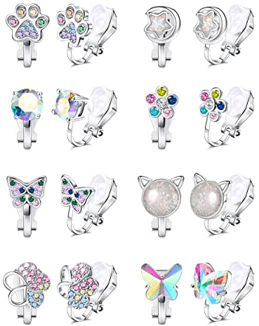 CASSIECA 8 Paare Ohrclips für Mädchen Clip On Ohrring Kinder No Piercings Ohrringe Blumen Schmetterlinge Katzenpfoten Sterne Herz Hypoallergen Ohrringe Zirkon Mädchen Verkleiden Sich Schmuck