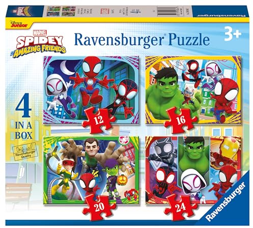 Ravensburger - Puzzle Bambini 3 Anni 4 in a box, Spidey - Puzzle 3 Anni, Collezione Marvel, Include 4 Puzzle 12-16-20-24 Pezzi Progressivi, Giochi Educativi, Idee Regalo