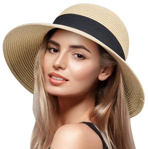 VIFUUR Damen Strohhüte Breiter Rand Sommervisier Strand Sonnenhut Verpackbare UPF UV Faltbare Reise Khaki M/L