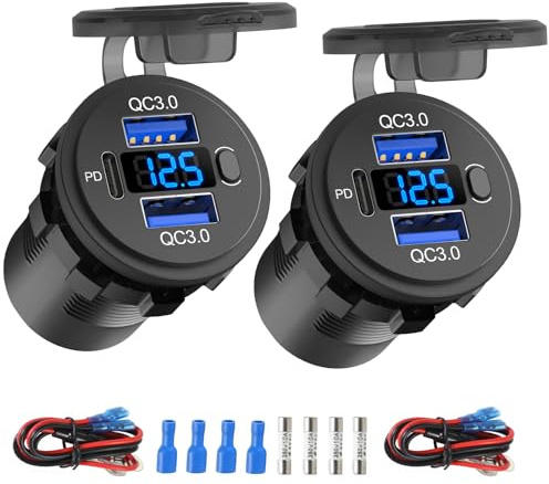 USB-uttag 12 volt dubbel QC 3.0-port och USB C-uttag PD3.0 för bil, vattentät cigarettändarersättningssats för 12 V eluttag med voltmeter och strömbrytare för båtbil