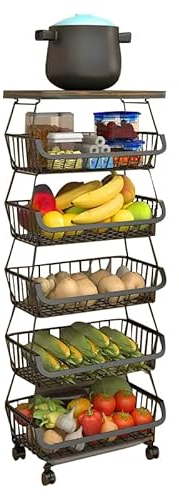 Baotkere Paniers de rangement empilables en fil de métal avec roulettes, étagère de rangement à 6 niveaux, chariot à fruits et légumes, étagère à vaisselle pour salle de bain, garage et garde-manger