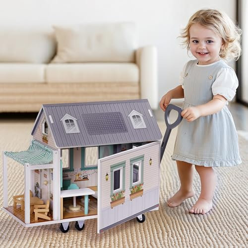 ROBOTIME Casa de muñecas portátil de madera estilo RV para niños, incluye tragaluces, tienda de campaña, juego de comedor al aire libre, barra interior y ruedas para una fácil movilidad, juego
