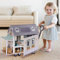 ROBOTIME Casa de muñecas portátil de madera estilo RV para niños, incluye tragaluces, tienda de campaña, juego de comedor al aire libre, barra interior y ruedas para una fácil movilidad, juego