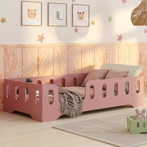smartwood Golvsäng 60x120 Rosa - Montessori Barnsäng i trä med FSC-certifikat - TILA 2L med fallskydd och ribbotten, belastningsbar upp till 230 kg - Enkel montering