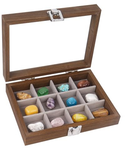 Dmnnlp 12 Grids Rock Display Case, Wooden Rock Collection Box with Clear Lid, Display Box for Collectables,Storage Cases for Small Rocks Gemstone Fossil Crystal Stone Jewellery (Dark Brown)
