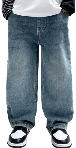 Happy Cherry Jeans Lâche Enfants Garçons Jambe Large Pantalons en Denim Bleu Clair Baggy Jeans Taille Elastique Printemps Automne, 13-14 Ans