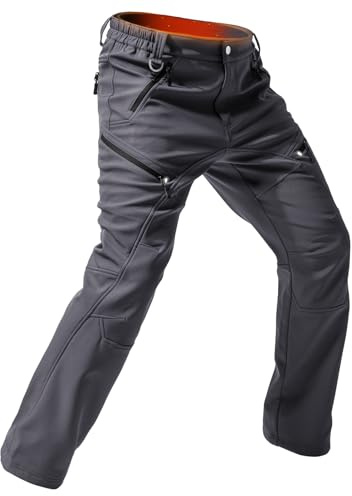 Moosehill Men's-Fleece-Lined-Cargo-Hiking-Pants Waterproof-Softshell-Snow-Ski-Pants Insulated Thermal Warm for Winter Outdoor Fishing Camping with 5 Deep Pockets (Grey, 34W*30L)