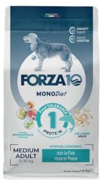 Forza 10 Cane Medium Adult MONO gusto PESCE alimento completo monoproteico per cani adulti di taglia media, ipoallergenico, confezione da 1,5kg.