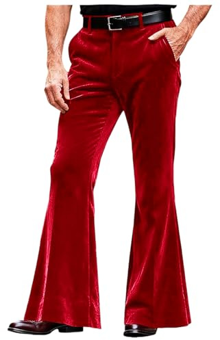 Men's Shiny Velvet Flare Pants Vintage 70s Bell Bottom Pocket Plain Christmas Party Trousers