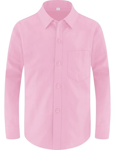 Marvelous World Boys' Long Sleeve Solid Buttoned Cuffs Dress Shirt Kids Casual Button Down Shirts with Chest Pocket Pink Size 7