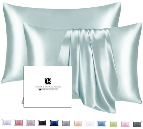 Ravmix Funda Almohada Seda 100% con Cremallera, 21 Momme Seda Morera para Salud Cabello y Piel, Suave, Lisa, Transpirable, Fresca, sueño reparador, Silk Pillowcase 30x50 cm, 2 Unidad, Agua