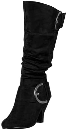 Dam mocka slouch knähöga stövel block hälspänne, Svart, 39.5 EU | Dam mocka slouch knähöga stövlar med spänne detalj och blockklack för enkel, elegant vardagsstil