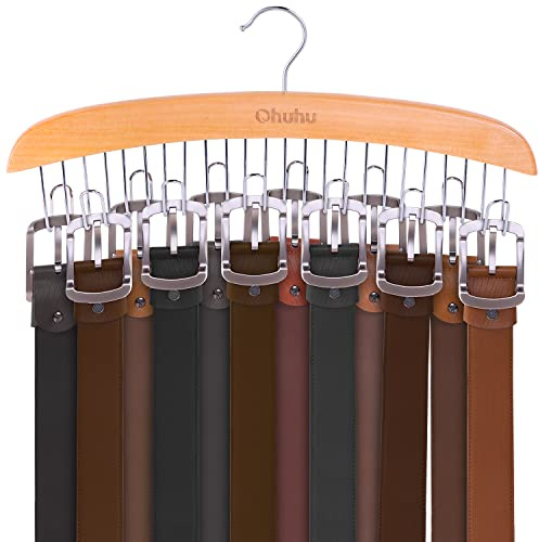 Belt Hanger Organizer for Closet: Ohuhu 12 Hooks Max 36 Belts Tie Rack Wooden Belt Holder for Storage 360 Degree Rotating Space Saver Organizer for Men Women Belt Tie Scarf Accessories-Burlywood