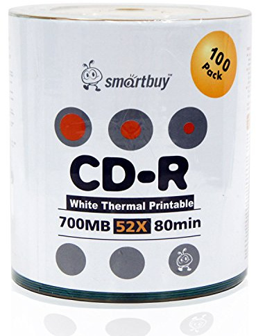 Smartbuy CD-R 100 Pack 700mb 52x Thermal Printable White Blank Recordable Discs, 100 Disc, 100pk