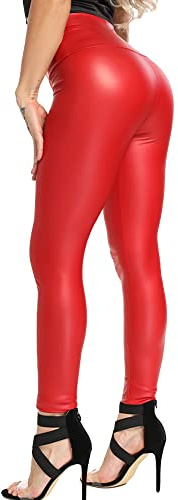 FITTOO Faux Leather Wet Look Leggings for Women High Waisted PVC Leggings Butt Lift PU Leather Trousers