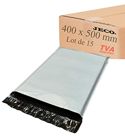Jeco - Lot de 15 enveloppes plastique d'expédition opaques 400 x 500 mm, pochettes plastifiées VAD 40x50cm 65 microns. Légère, solide, inviolable et imperméable