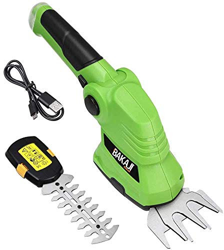 Bakaji Tijeras de podar para cortar césped eléctrico con batería cortadora de césped cortasetos Carga USB con 2 cuchillas intercambiables, 7 cm 11 cm de acero y mango ergonómico inclinable