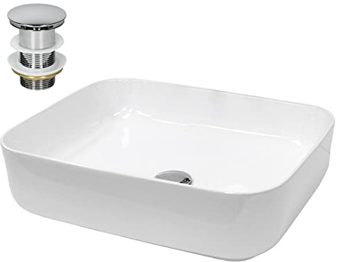 ECD Germany Vasque à Poser Lavabo Salle de Bain - Rectangulaire - 505 x 395 x 135 mm - en Céramique - Blanc - avec Kit de Vidange Push Open 1 1/4 sans Trop-Plein - Lave-Mains Évier Toilette Douche