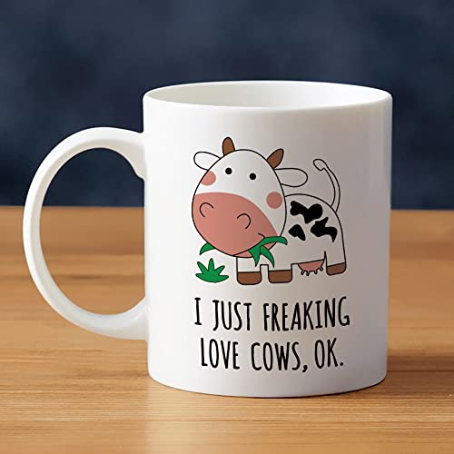 LOZACHE Cow Coffee Mug, I Just Freaking Love Cows Ok Ceramic Tea Cup Kawaii Cow Print Mug Gift for Women Her Girls Mom (Cow)