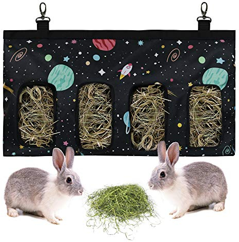 Kaninchen Heutasche Meerschweinchen Futterstation Futterspender Kleintiere Heutasche Futtersack für Hase Chinchilla Hamster Kleine Tiere (4 Fenster, Muster Schwarz)