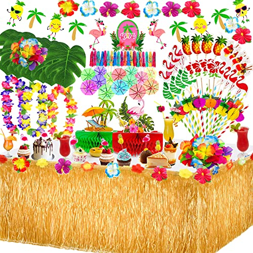 MarckersHome - Decoraciones de fiesta, falda de mesa hawaiana, flores tropicales, hojas de palmera, pajitas de papel de fruta, Cupcake Topper para Beach Summer Luau