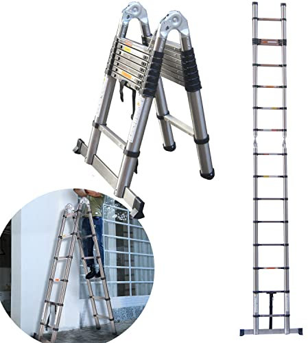 5M Telescopic Ladder DIY Stainless Steel Portable Folding A-Shape Extendable (2.5M+2.5M) Extension Ladders EN131 Load Capacity 330lbs for Indoor Outdoor Home Office DIY Builder