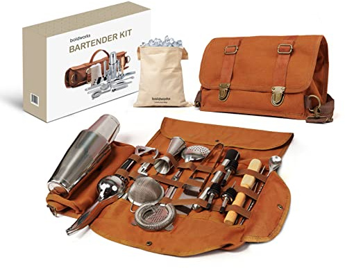 Bartender Bag Travel Bartender Kit Professional Bartender Tool Bag Portable Cocktail Leather Case with 20 Bar Tools Set Similar to Briefcase for Bartending at Bars House Party Traveling Camps