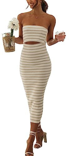 NUFIWI Women Summer Strapless Knitted Long Dress Off Shoulder Striped Cutout Midi Dress Bodycon Backless Beach Sun Dress(B Stripe 3,Medium)