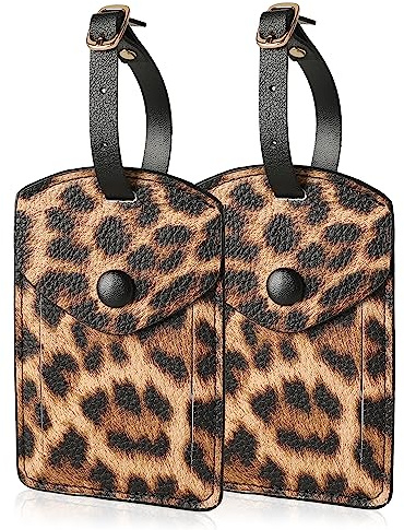 Kevancho Leather Luggage Tags for Men Women, Suitcase Labels Baggage Bag Tag ID Tags with Full Back Privacy Cover for Cruise Ships, Travel Accessories Tags Set (Leopard)