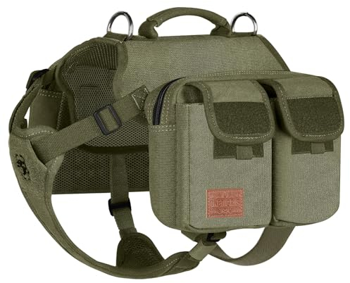 OneTigris Hundegeschirr mit Tasche, Hoppy Camper 3.0 Camping Wandern Hunderucksack für für Mittlere/Große Hunde, Rucksack für Hunderücken 2 Haupttaschen 4 Nebentaschen - Grün M