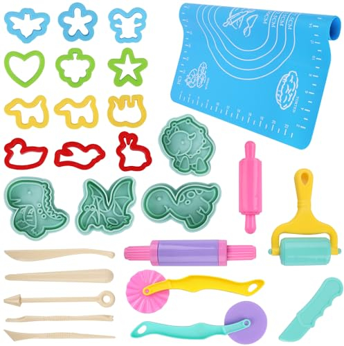 RNHDLY 29 Stück Knete Zubehör Set, Knete Set Knetwerkzeug für Kinder, Knete Zubehör Einschließen Teig Plastilin Werkzeuge, Formen, Teigrolle, Knetmatte