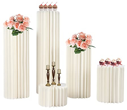 BAOCHADA Lot de 5 piliers en papier pour mariage - Pliables - En carton - Colonne romaine cylindrique - Décoration de table pliante pour mariage, fête d'anniversaire, blanc