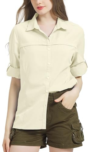 Bluse Damen UPF 50 UV Shirt Safari Kleidung Damen Quick Dry Outdoor Wanderhemd Casual Tops Sport Oberteile Langarmshirt-Light khaki-M-5077