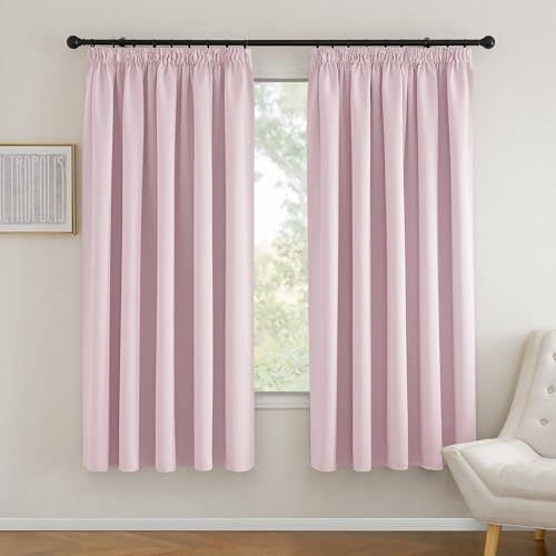 PONY DANCE Blackout Pencil Pleat Curtains, Light Pink, W90 x L72, 2 Panels | Thermal Insulated Curtains with Noise Reducing & Privacy, Luxury Soft Window Treatment for Bedroom & Living Room