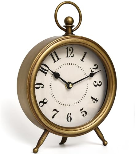 Orologio da tavolo vintage con finitura in oro antico, orologio da tavolo vintage dorato su supporto, orologio da scrivania decorativo e da mensola, orologio da camino rustico senza ticchettio, 26,2 x