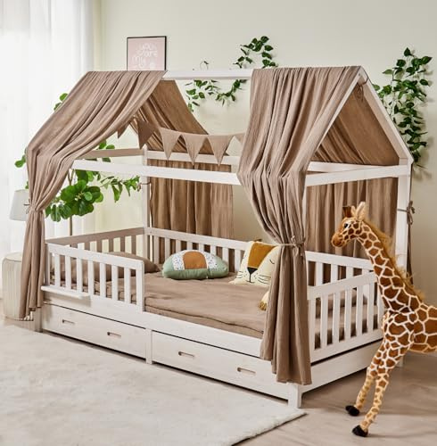 ALAVYA HOME® Set di 3 decorazioni per letto, 2 baldacchini e 1 bandierina, 300 cm, per cameretta dei bambini, 100% mussola biologica, certificato GOTS, 125 x 350 cm