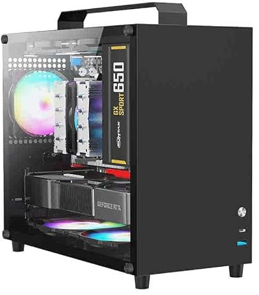 ALAMENGDA V500 Mini Tragbares M-ATX/ITX Computergehäuse, Mini-Tower-Gehäuse, Vollseitiges transparentes Acryl-DIY-Desktop-Gehäuse mit Griff, unterstützt 320 mm GPU-Größe (Schwarz 2.0)